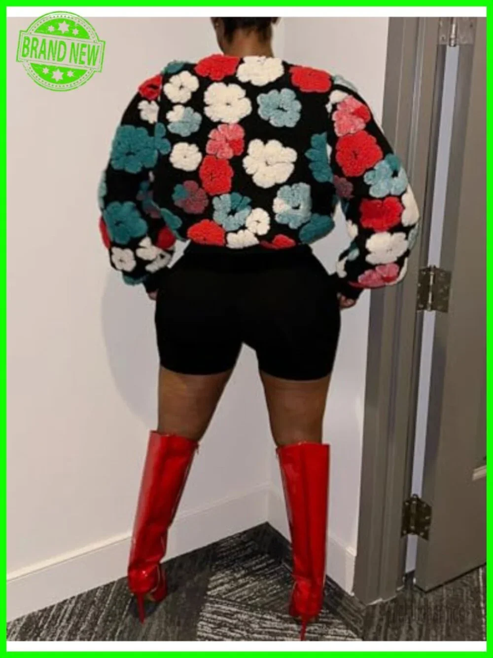 Cropped Floral Fleece Bomber Jacket Puff Sleeve Ribbed Cuff